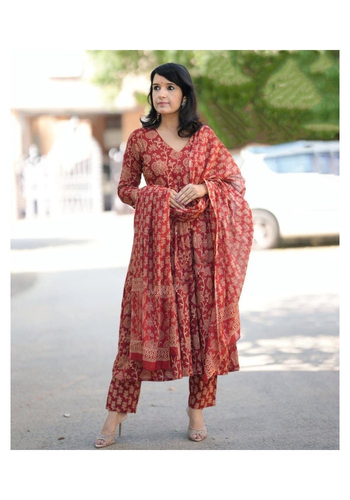 Malishka Export Maroon Rayon Printed Anarkali Kurta Pant Set for Women - Image 2